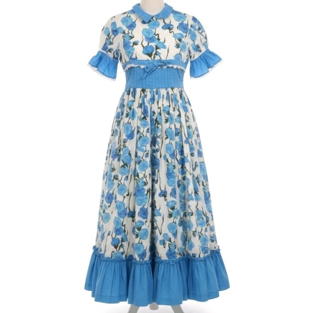 Vtg 60s/70s Handmade Blue Floral Cotton Prairie Maxi Dress Puff Sleeve + Bonnet
